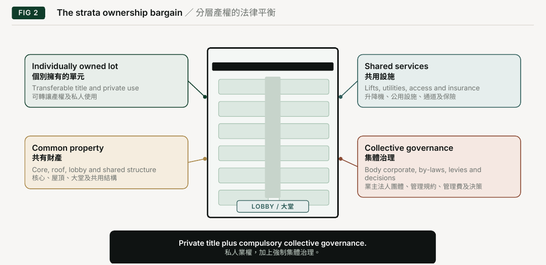 Figure 2. The strata ownership bargain. Individually owned lot; Shared services; Transferable title and private use; Lifts, utilities, access and insurance; Common property; Collective governance; Core, roof, lobby and shared structure; Body corporate, by-laws, levies and; decisions; LOBBY; Private title plus compulsory collective governance.