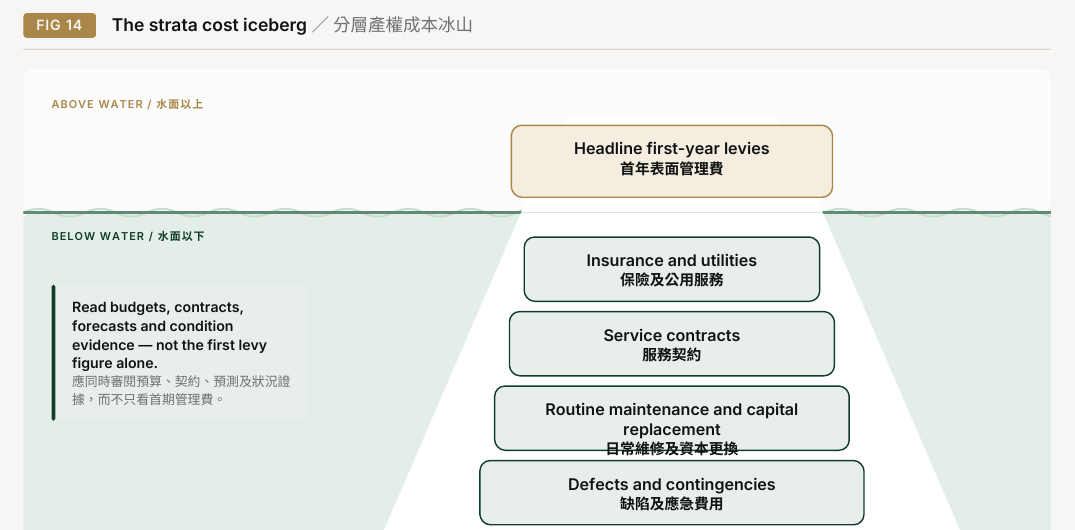 Figure 14. The strata cost iceberg. ABOVE WATER; Headline first-year levies; BELOW WATER; Insurance and utilities; Read budgets, contracts,; forecasts and condition; Service contracts; evidence — not the first levy; figure alone.; Routine maintenance and capital; replacement; Defects and contingencies